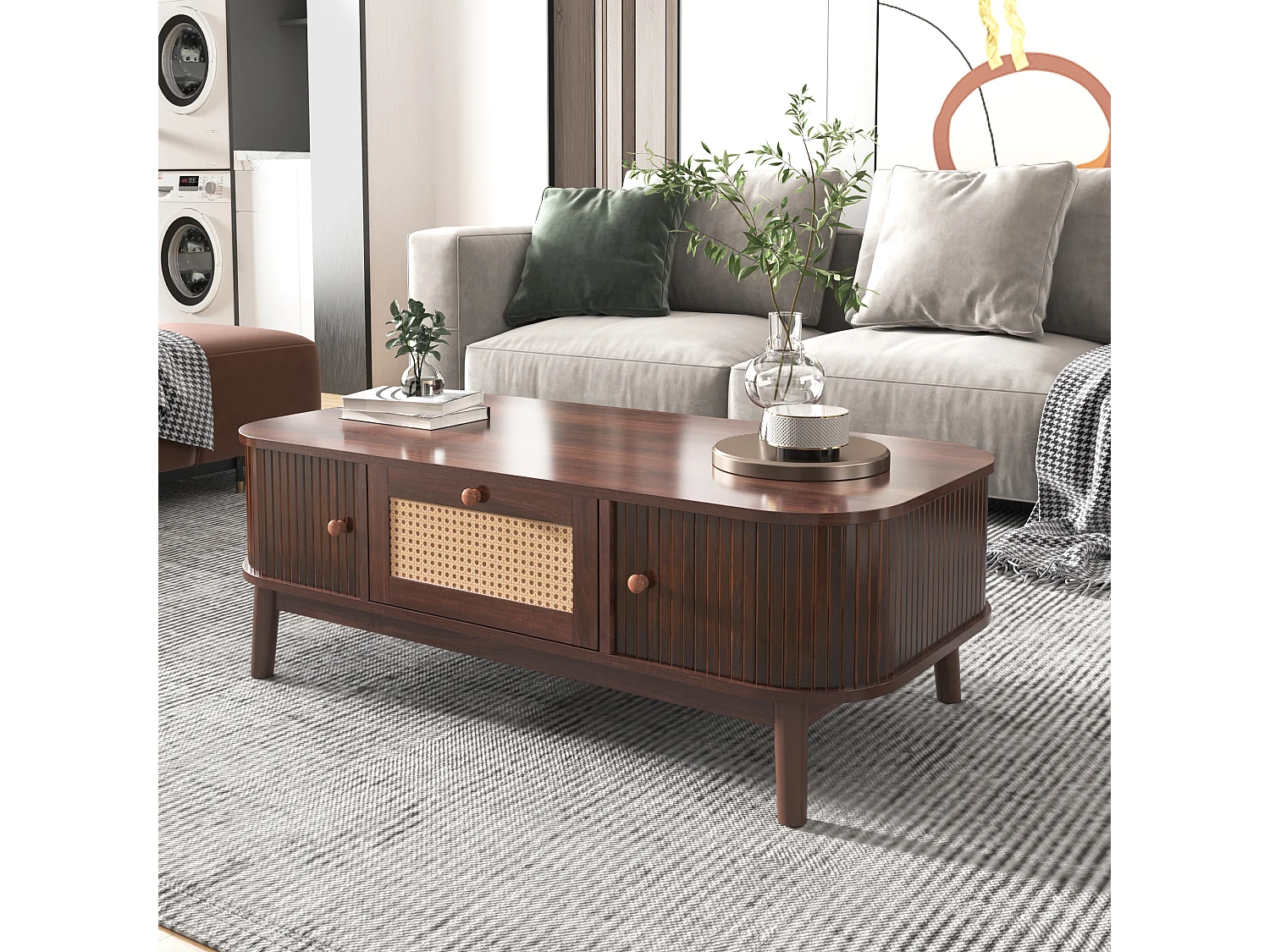 Salontafel 110x55x38.5 cm, opbergruimte met schuifdeuren en laden, houten poten, MDF, naturel