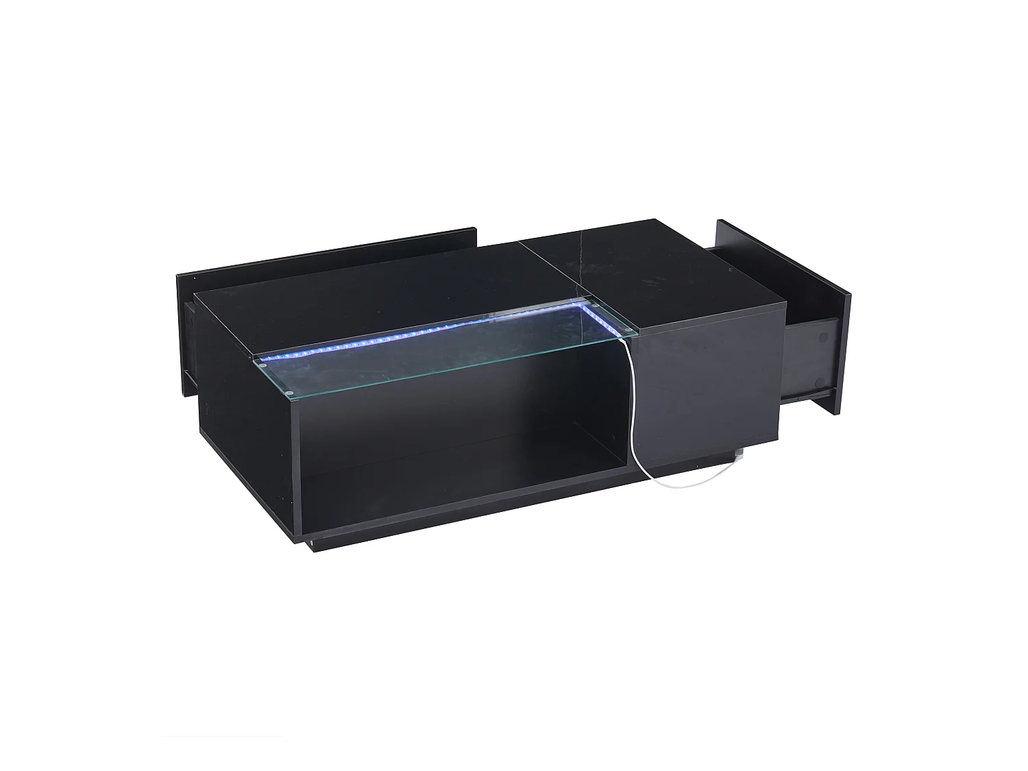 Table basse 100x50x35 cm LED verre trempé brillant 2 tiroirs rangement intégré noir salon contemporain