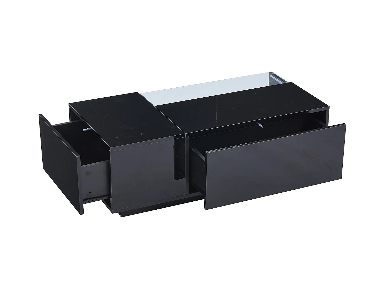 Table basse 100x50x35 cm LED verre trempé brillant 2 tiroirs rangement intégré noir salon contemporain