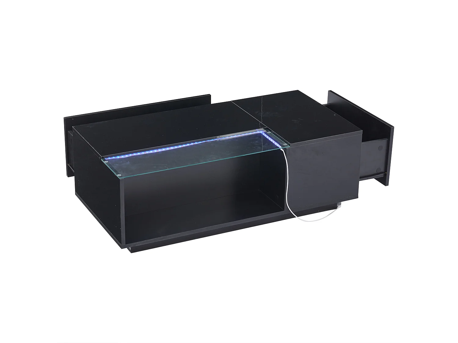 Table basse 100x50x35 cm LED verre trempé brillant 2 tiroirs rangement intégré noir salon contemporain
