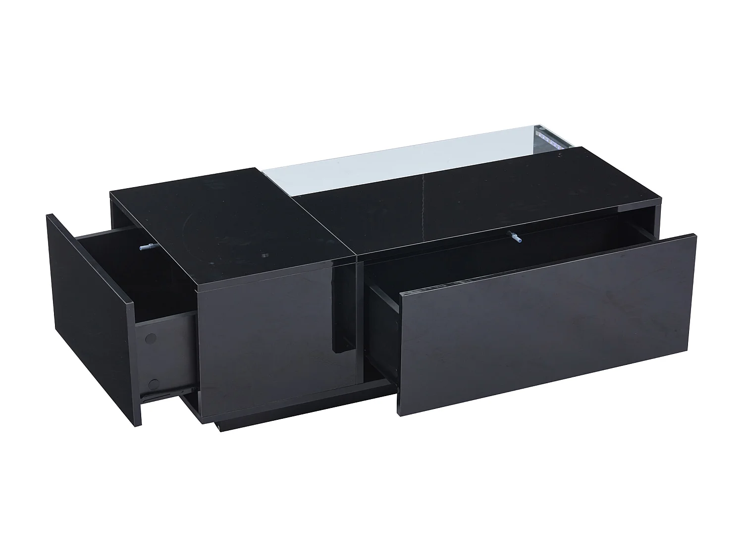 Table basse 100x50x35 cm LED verre trempé brillant 2 tiroirs rangement intégré noir salon contemporain