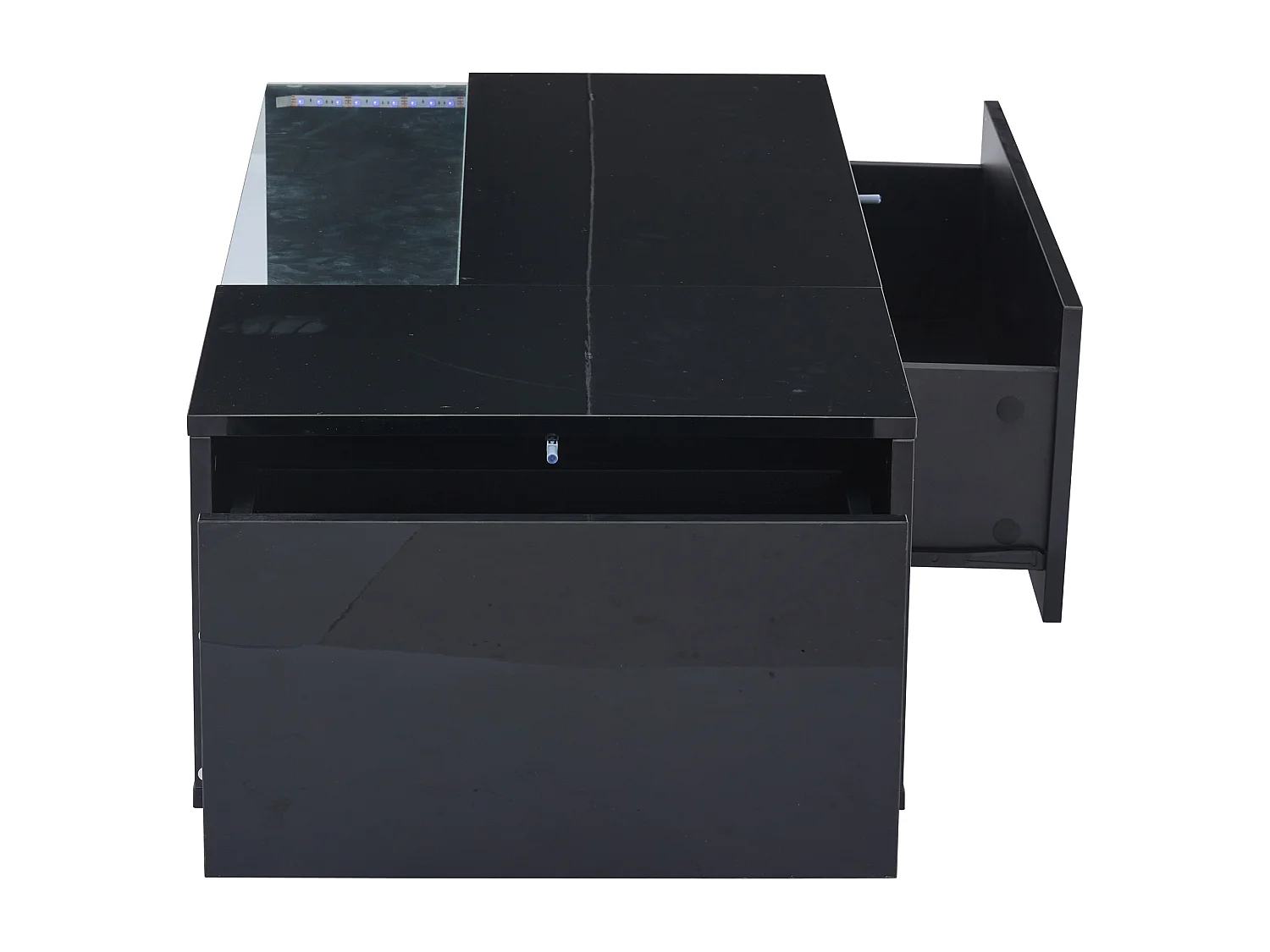 Table basse 100x50x35 cm LED verre trempé brillant 2 tiroirs rangement intégré noir salon contemporain