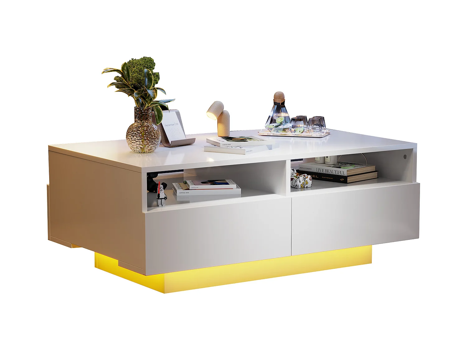 Table basse LED brillant 4 tiroirs 16 couleurs USB blanc pour salon chambre