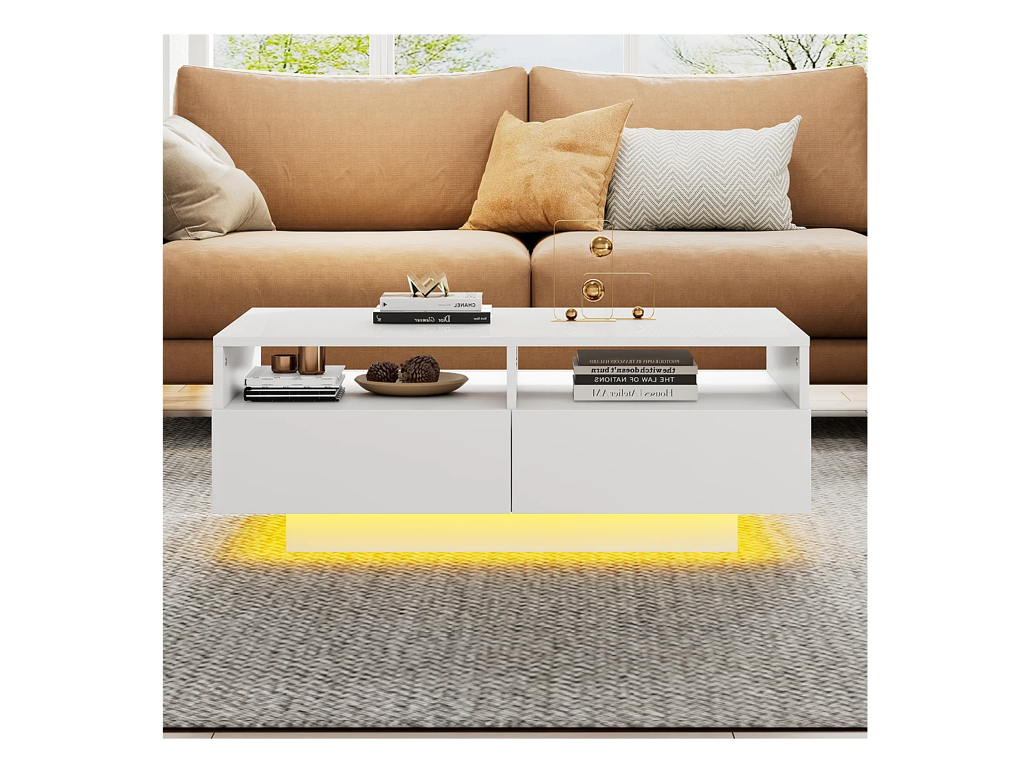 Table basse LED brillant 4 tiroirs 16 couleurs USB blanc pour salon chambre