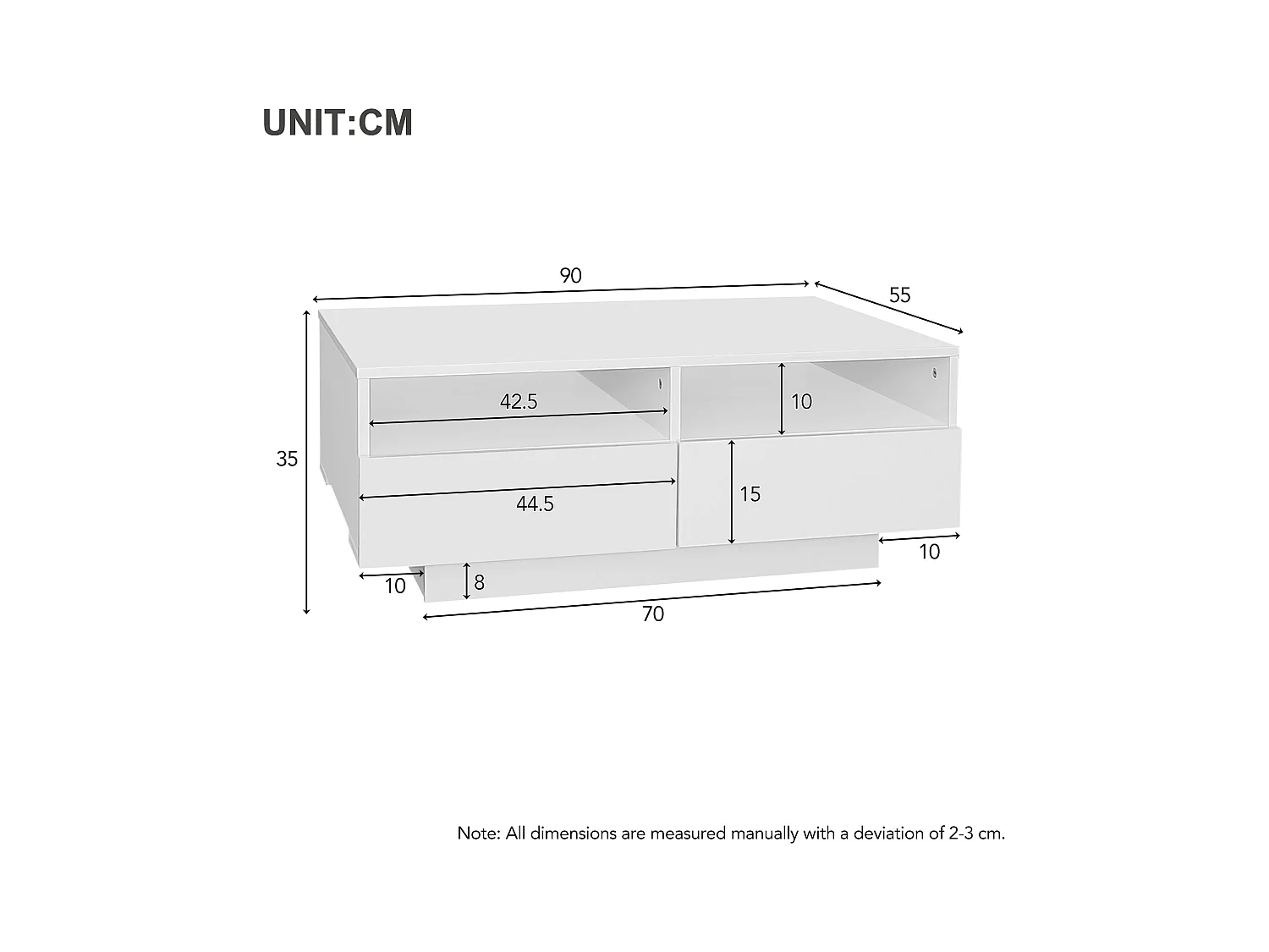Table basse LED brillant 4 tiroirs 16 couleurs USB blanc pour salon chambre