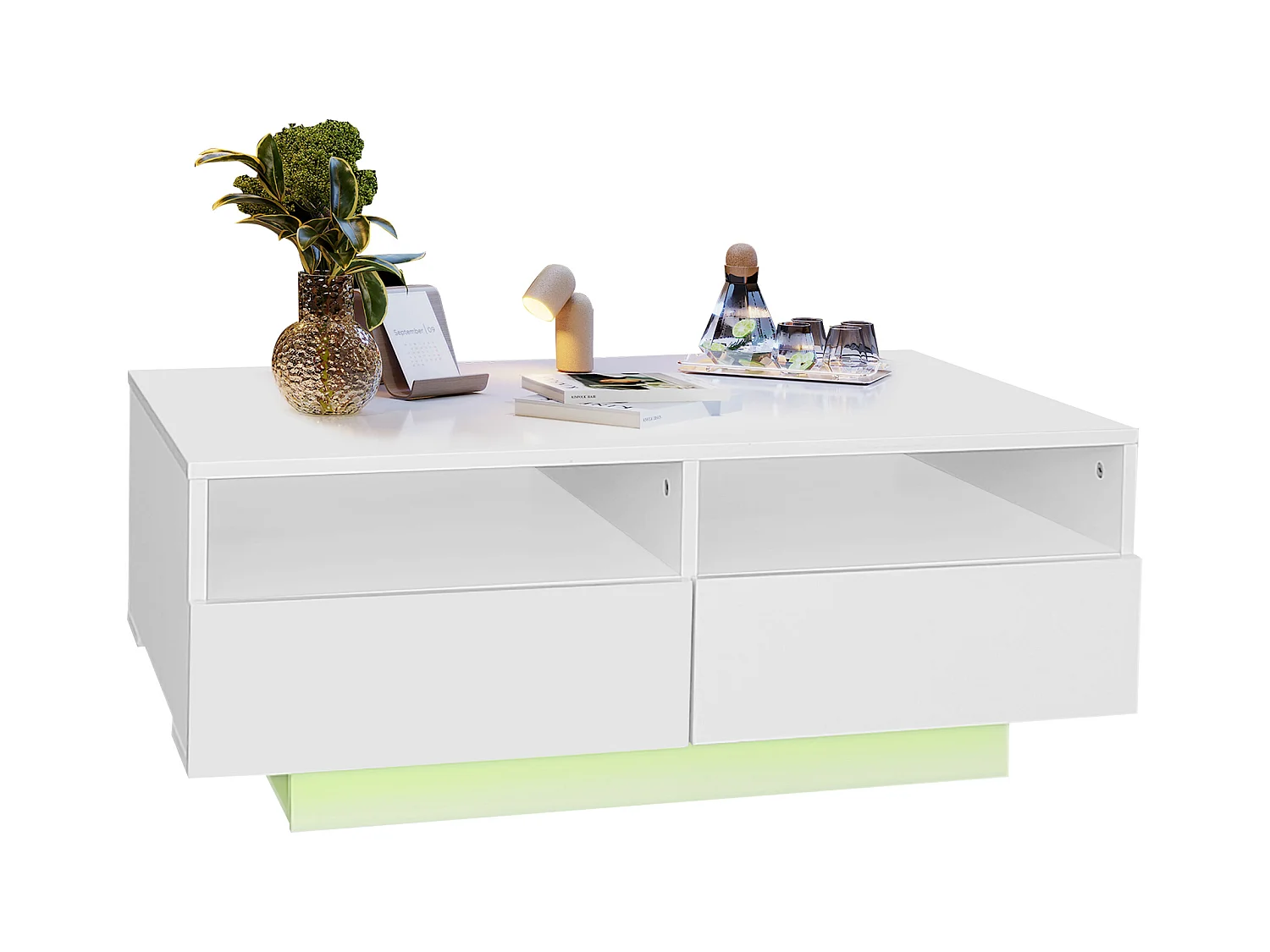 Table basse LED brillant 4 tiroirs 16 couleurs USB blanc pour salon chambre
