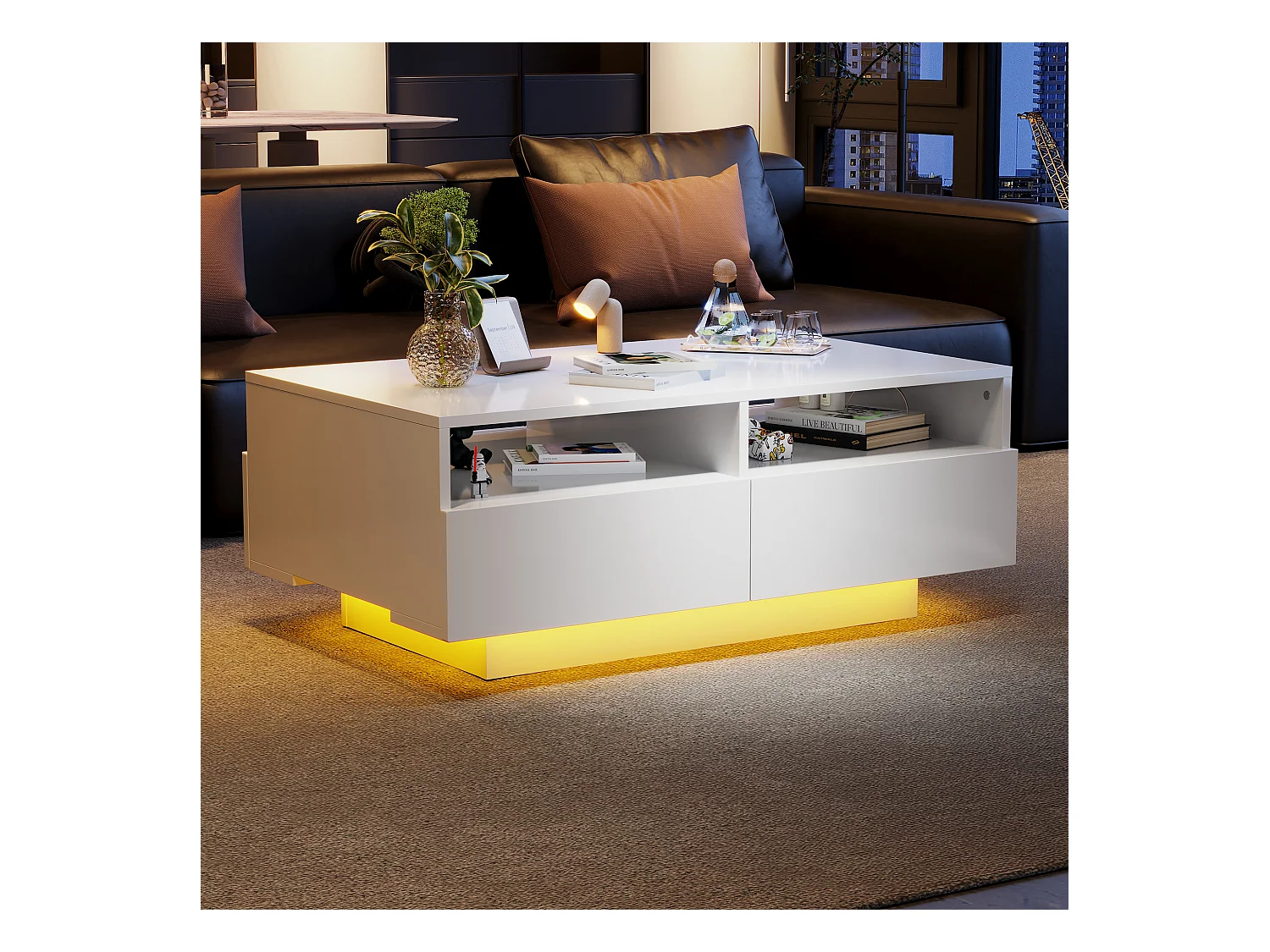 Table basse LED brillant 4 tiroirs 16 couleurs USB blanc pour salon chambre