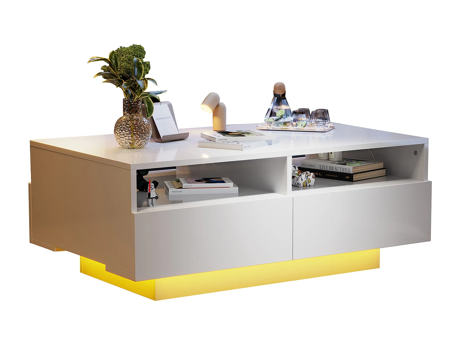 Table basse LED brillant 4 tiroirs 16 couleurs USB blanc pour salon chambre