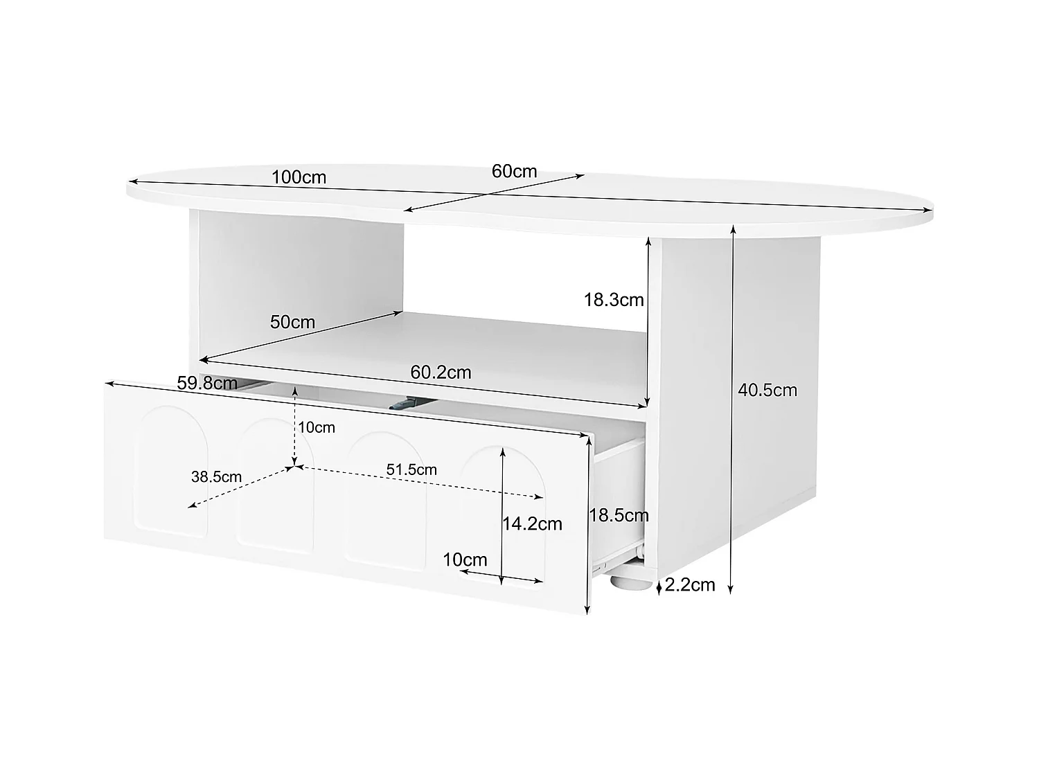 Table basse 100x60x40.5 cm avec tiroirs et compartiments de rangement panneaux de particules en blanc pour salon