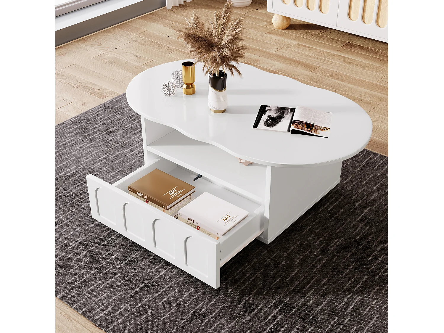 Table basse 100x60x40.5 cm, plateau en forme de nuage, tiroir push to open, niche ouverte, panneau de particules blanc