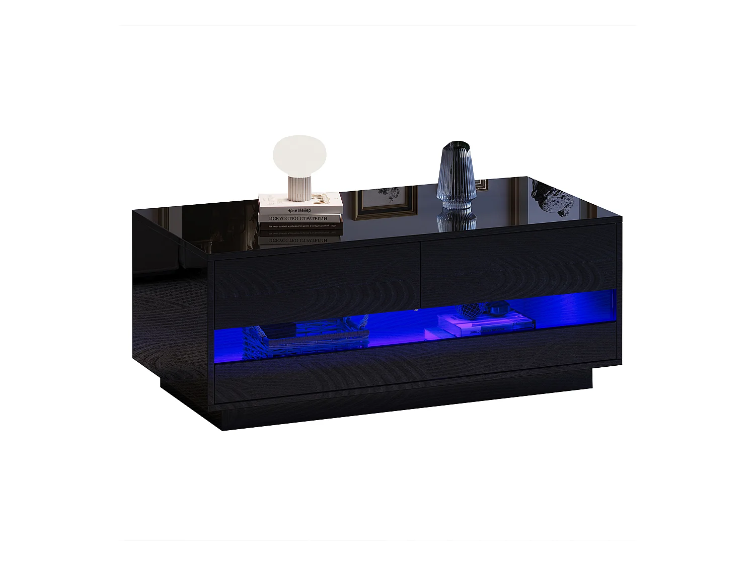 Table basse 100x50x40 cm LED 2 tiroirs brillant verre trempé insonorisé rangement intégré noir salon design