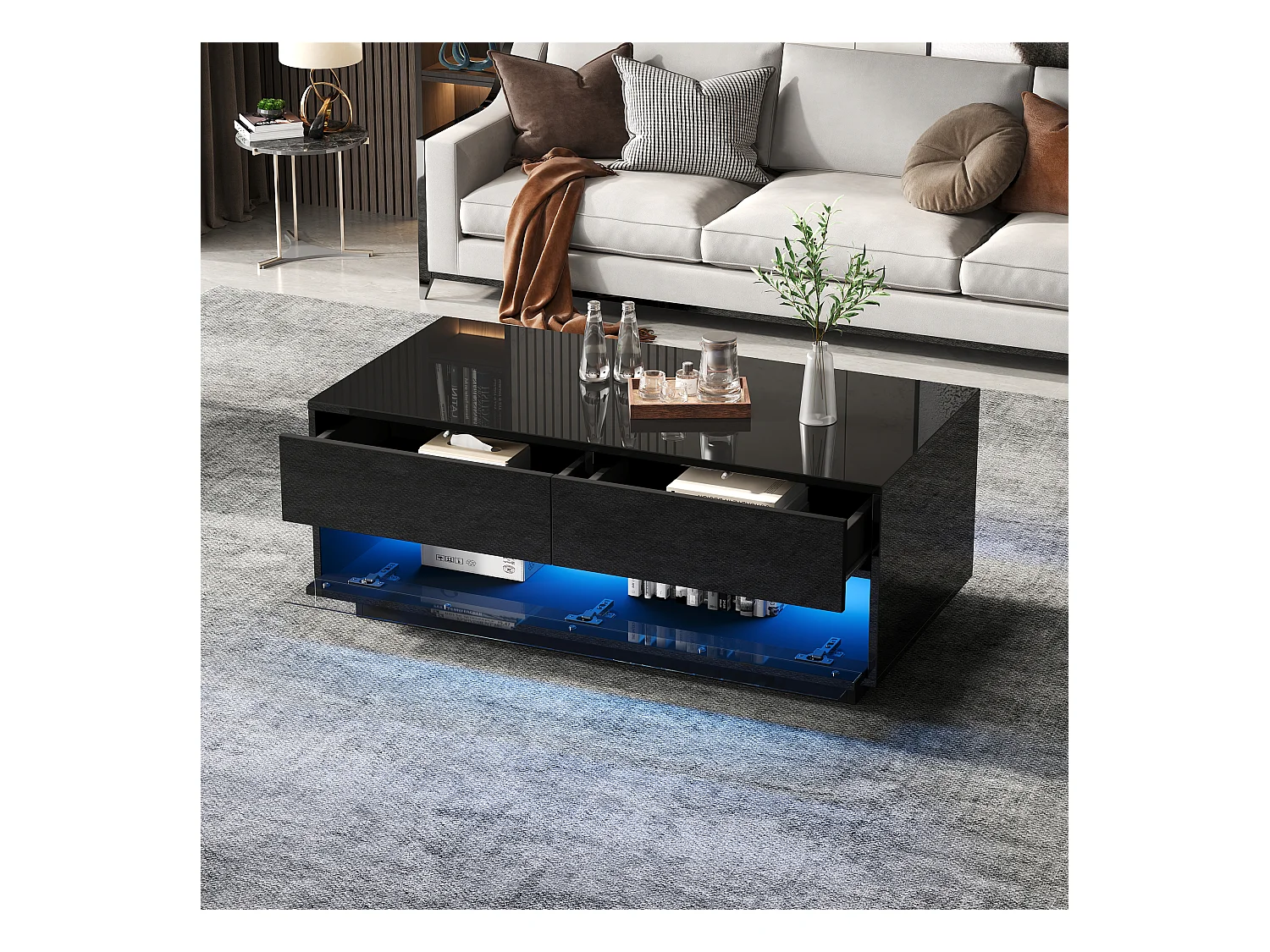 Table basse 100x50x40 cm LED 2 tiroirs brillant verre trempé insonorisé rangement intégré noir salon design