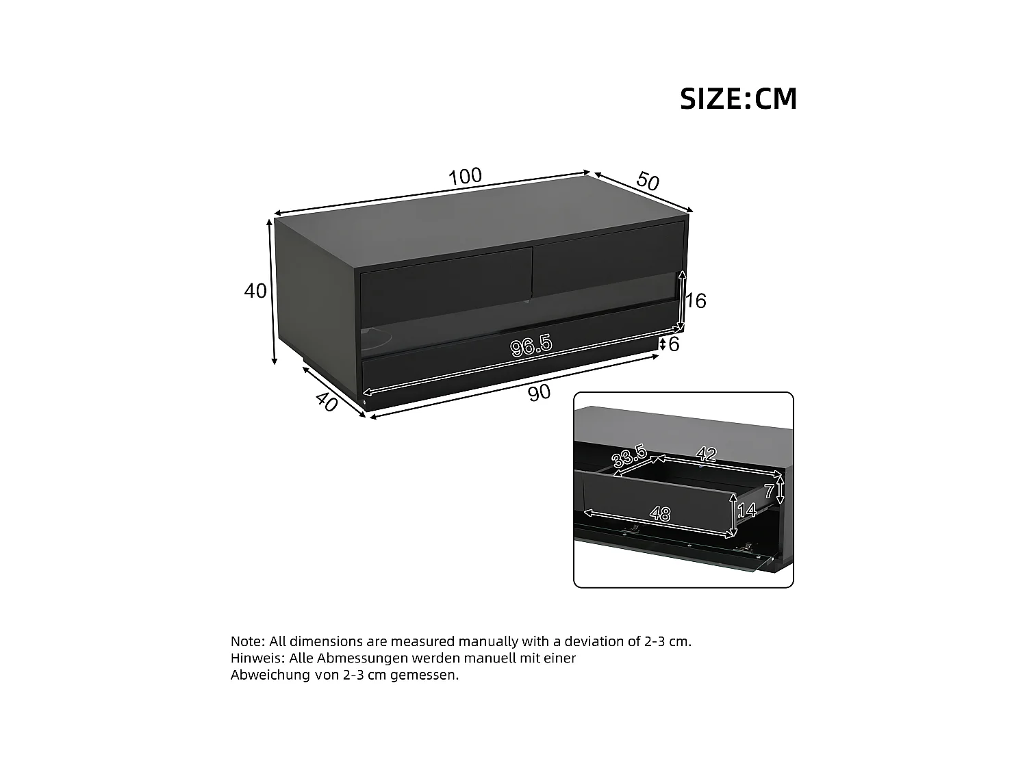 Table basse 100x50x40 cm LED 2 tiroirs brillant verre trempé insonorisé rangement intégré noir salon design