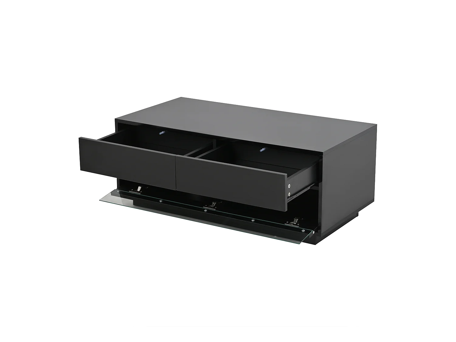 Table basse 100x50x40 cm LED 2 tiroirs brillant verre trempé insonorisé rangement intégré noir salon design