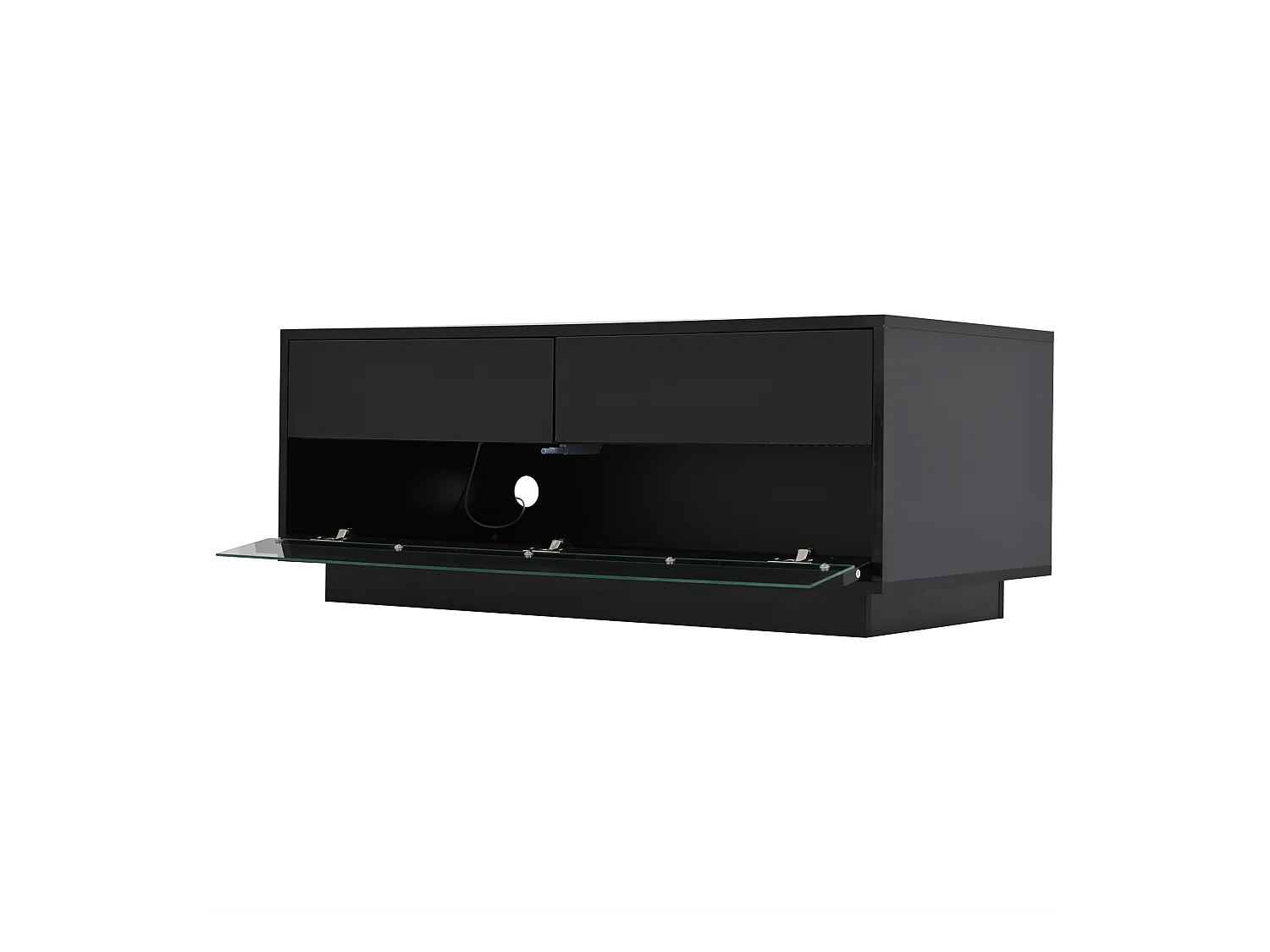 Table basse 100x50x40 cm LED 2 tiroirs brillant verre trempé insonorisé rangement intégré noir salon design