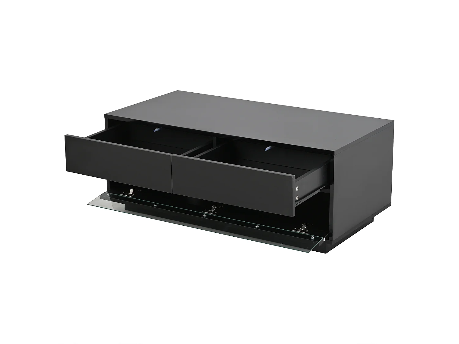 Table basse 100x50x40 cm LED 2 tiroirs brillant verre trempé insonorisé rangement intégré noir salon design