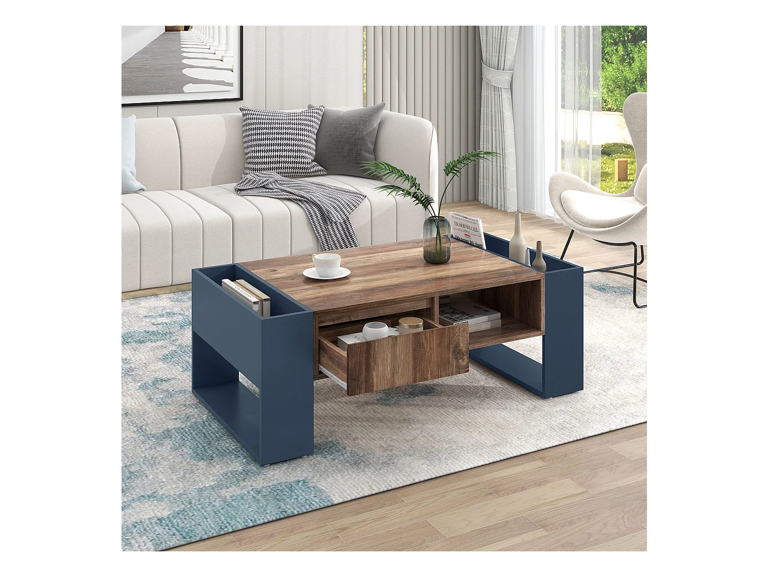 Table basse 111x60x40cm Espace de rangement Tiroir Matériel Particle Board Gris pour salon