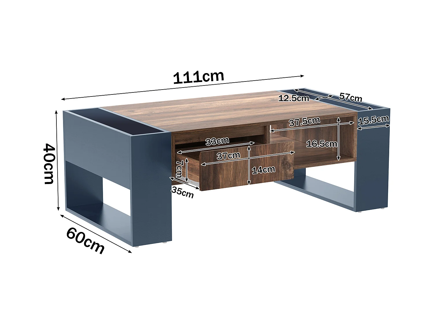 Table basse 111x60x40cm Espace de rangement Tiroir Matériel Particle Board Gris pour salon