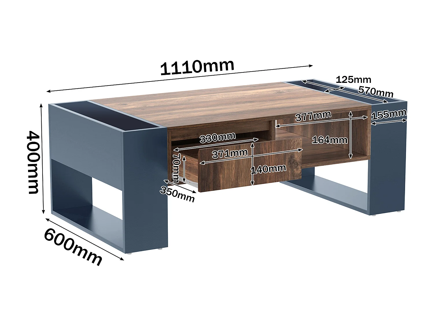 Table basse 111x60x40 cm, rangement double face, 1 tiroir sans poignée, panneaux de particules mélaminés, noir et gris