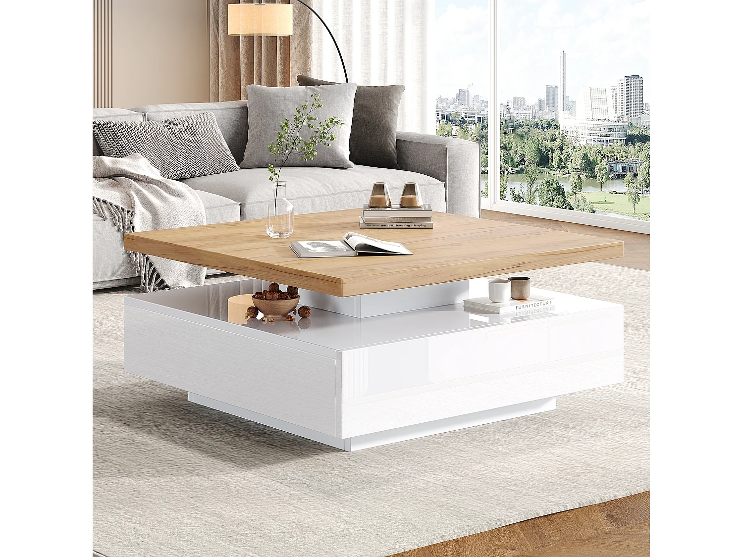 Table basse rotative 360° tiroir café brillant double plateau rangement panneau noyer blanc pour salon
