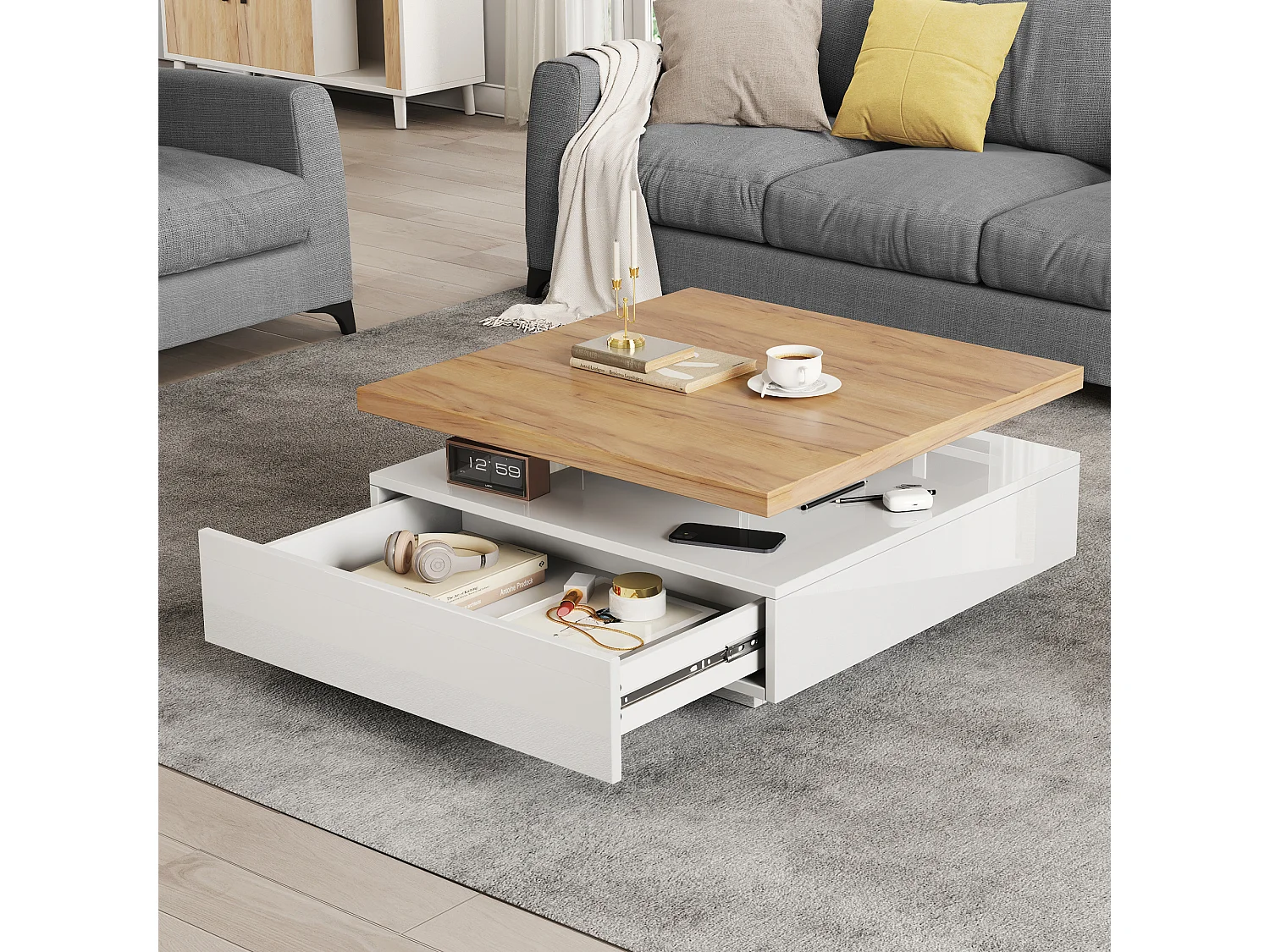 Table basse carrée 70x70x36 cm, plateau rotatif 360°, tiroir de rangement, panneau de particules, blanc et noyer