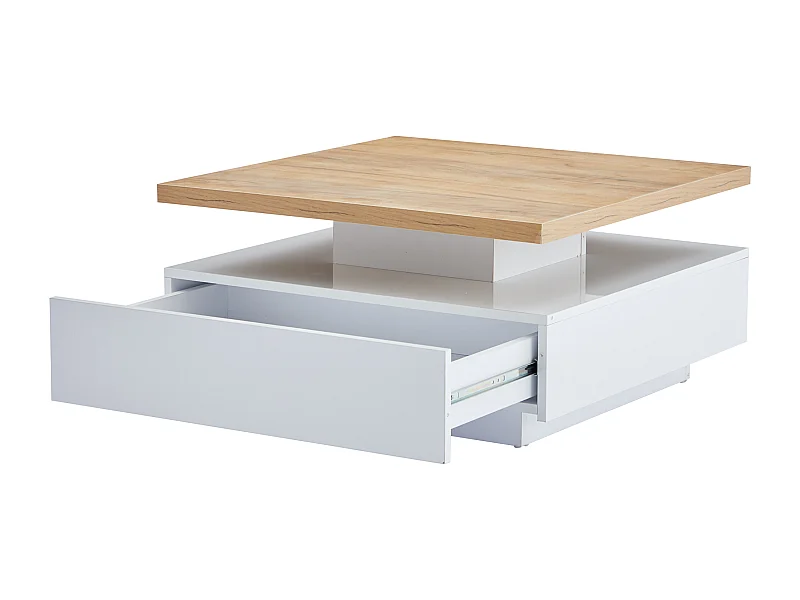 Table basse carrée 70x70x36 cm, plateau rotatif 360°, tiroir de rangement, panneau de particules, blanc et noyer