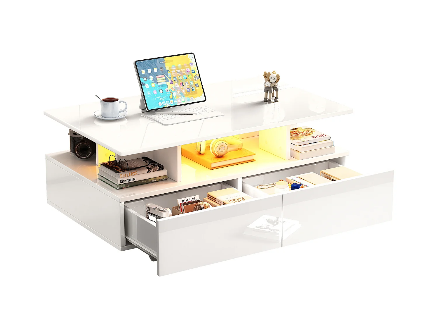 Table basse 90x55x41 cm LED 2 tiroirs Blanc salon contemporain