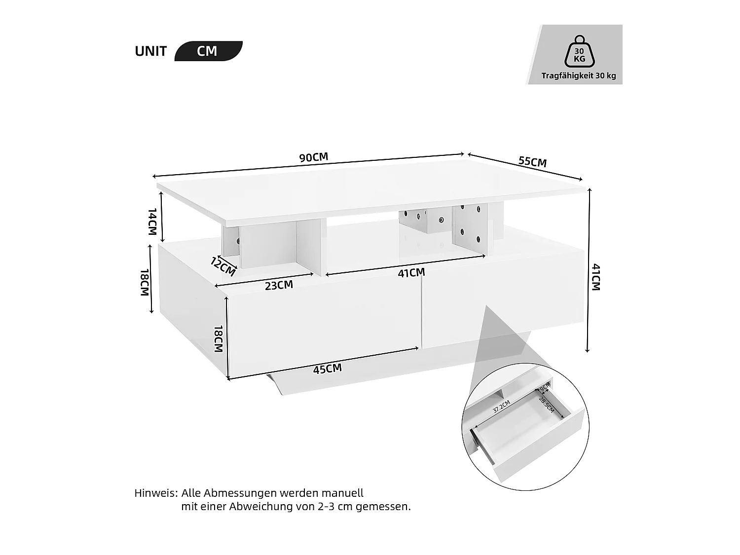 Table basse 90x55x41 cm LED 2 tiroirs Blanc salon contemporain