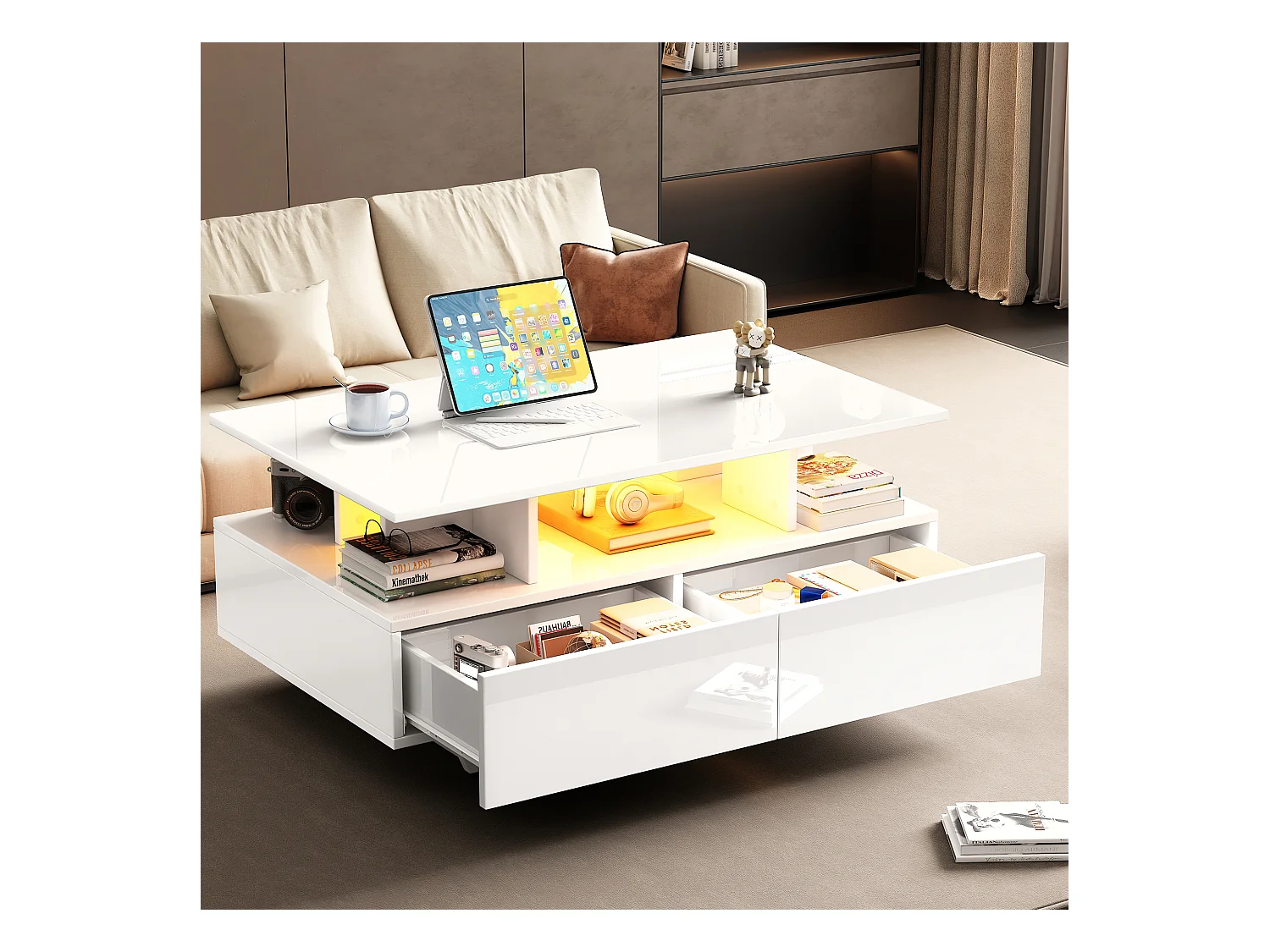Table basse 90x55x41 cm LED 2 tiroirs Blanc salon contemporain