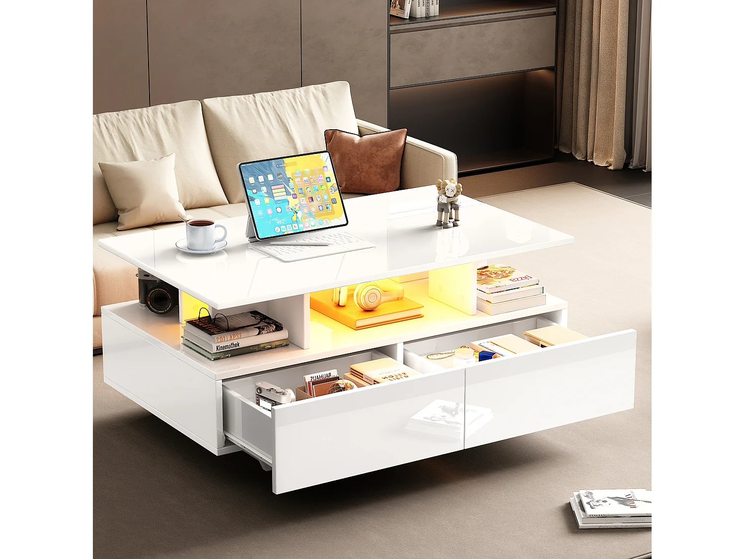 Table basse 90x55x41 cm LED 2 tiroirs Blanc salon contemporain