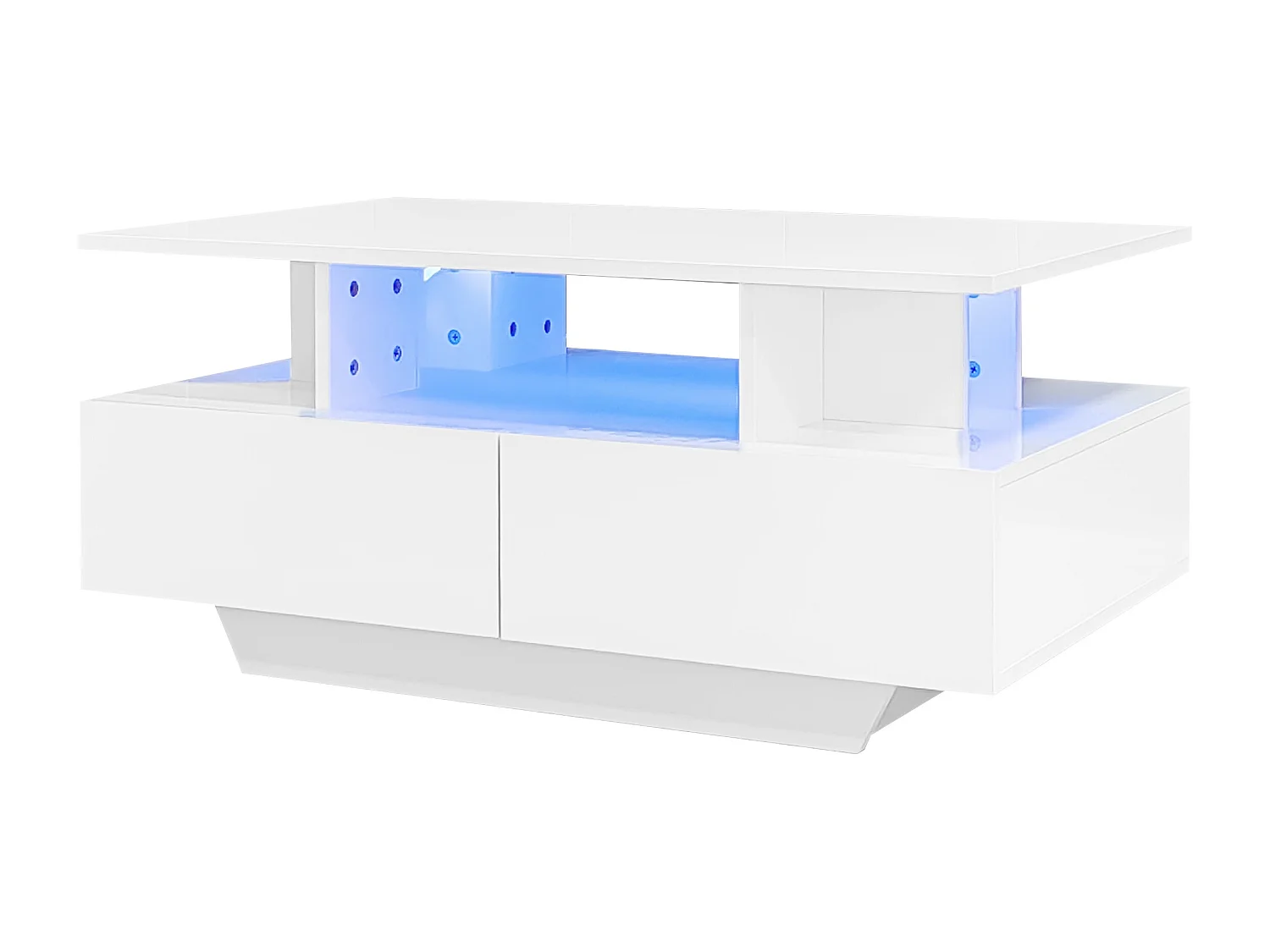 Table basse 90x55x41 cm, éclairage LED intégré, 2 tiroirs, surface laquée brillante, panneau de particules, blanc
