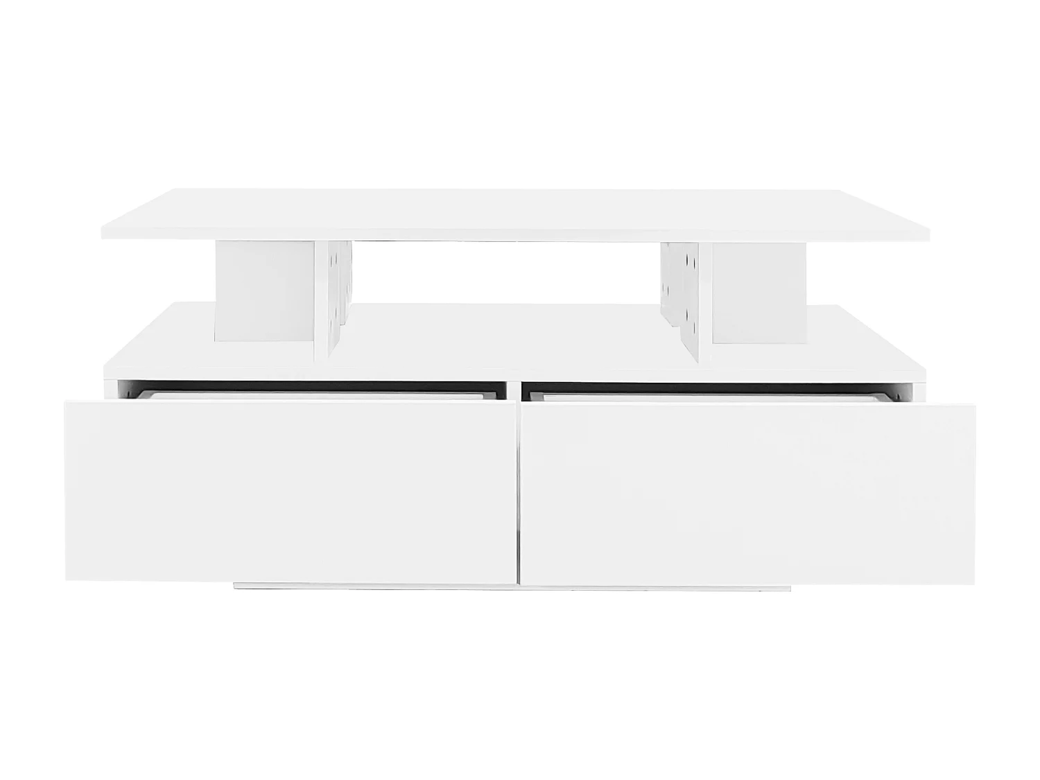 Table basse 90x55x41 cm, éclairage LED intégré, 2 tiroirs, surface laquée brillante, panneau de particules, blanc
