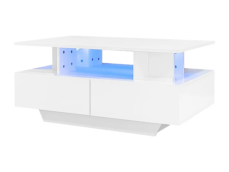 Table basse 90x55x41 cm, éclairage LED intégré, 2 tiroirs, surface laquée brillante, panneau de particules, blanc