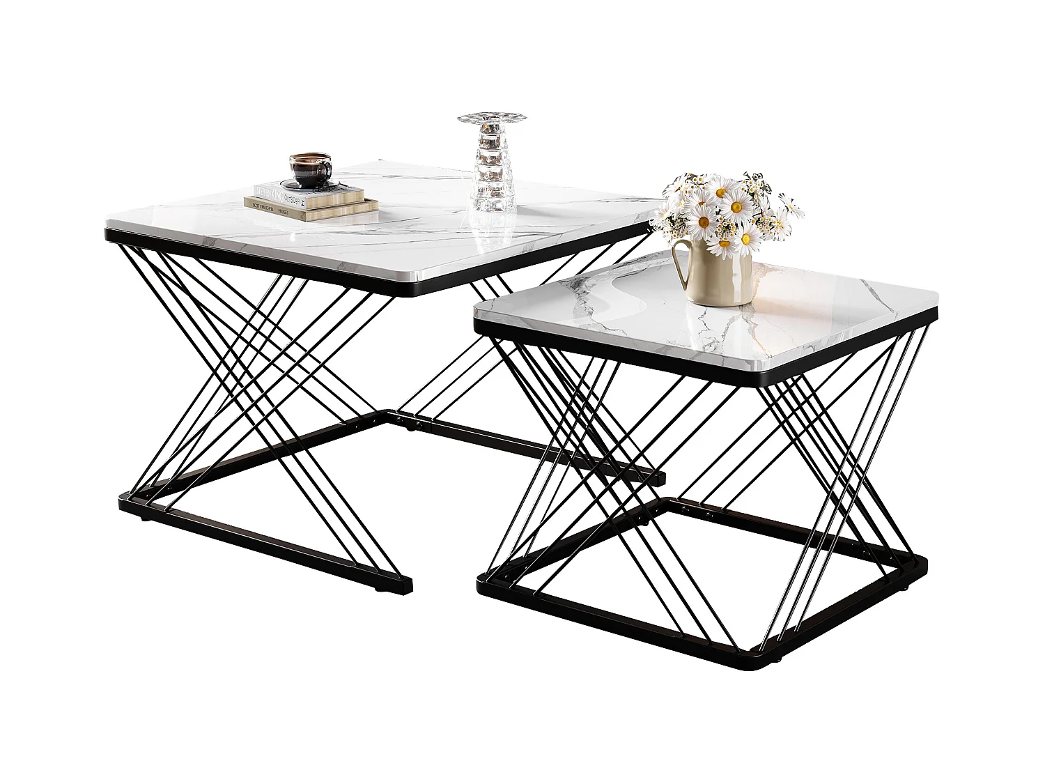 Set van 2 salontafels 60x60x45cm + 45x45x40cm glanzend marmereffect verstelbare poten Zwart + Wit