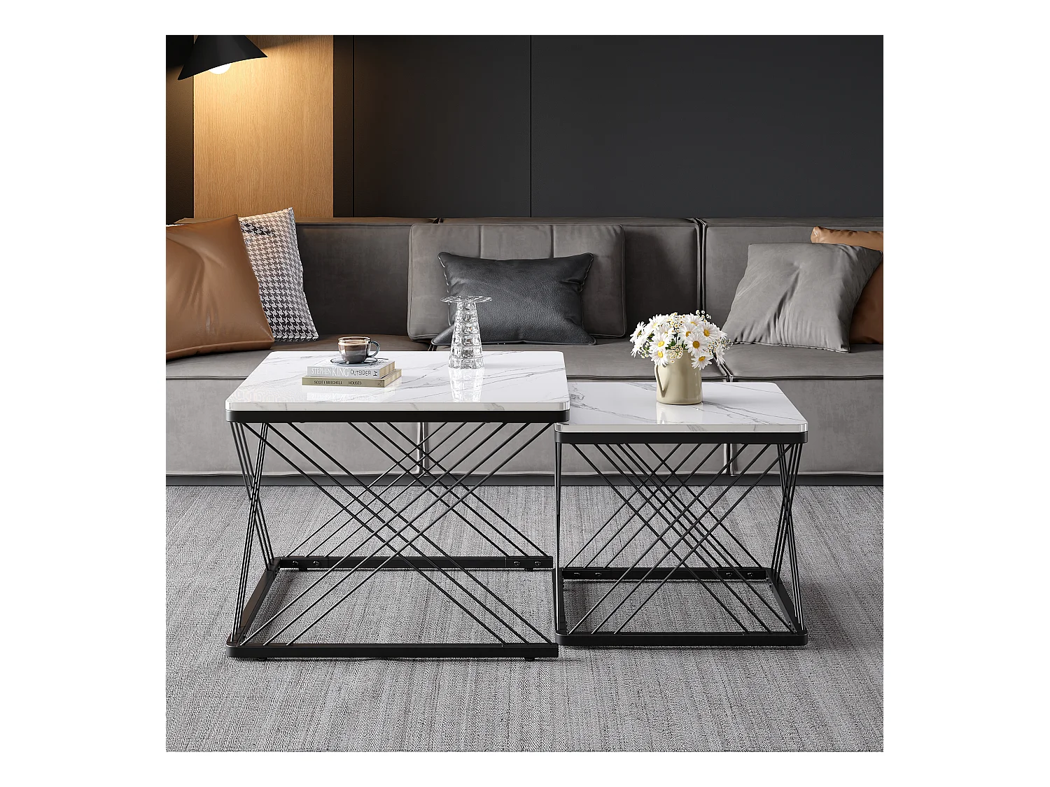 Set van 2 salontafels 60x60x45cm + 45x45x40cm glanzend marmereffect verstelbare poten Zwart + Wit