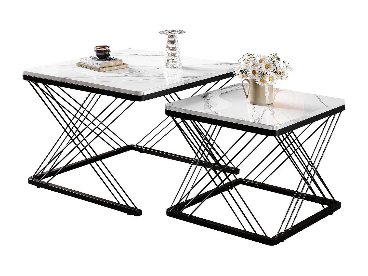 Lot de 2 tables basses 60x60x45cm+45x45x40cm effet marbre brillant pieds réglables Noir + Blanc