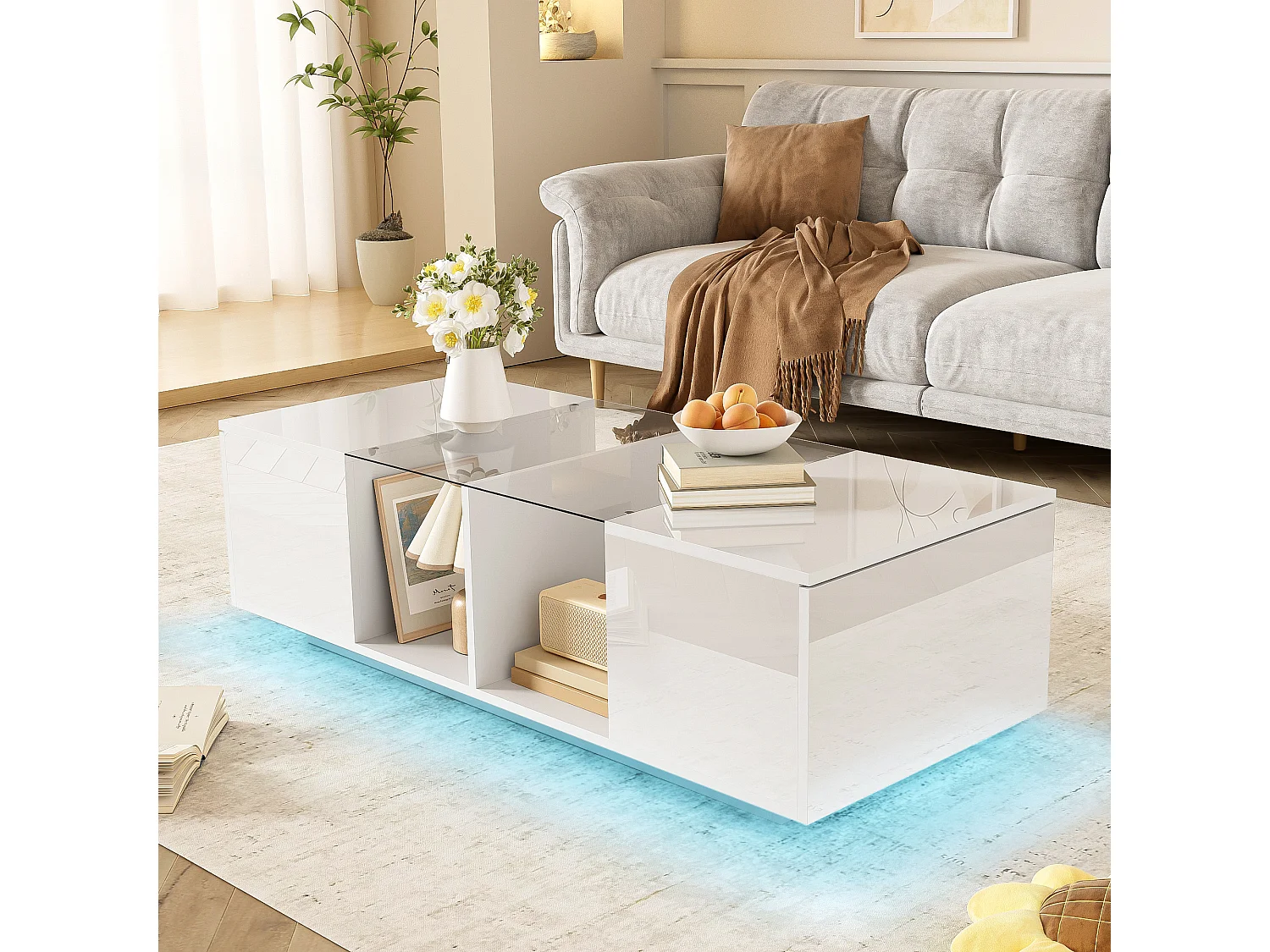 Table basse 120x50x38.5cm Avec éclairage LED Plateau brillant Avec portes Matériel Panneau de particules Blanc pour salon