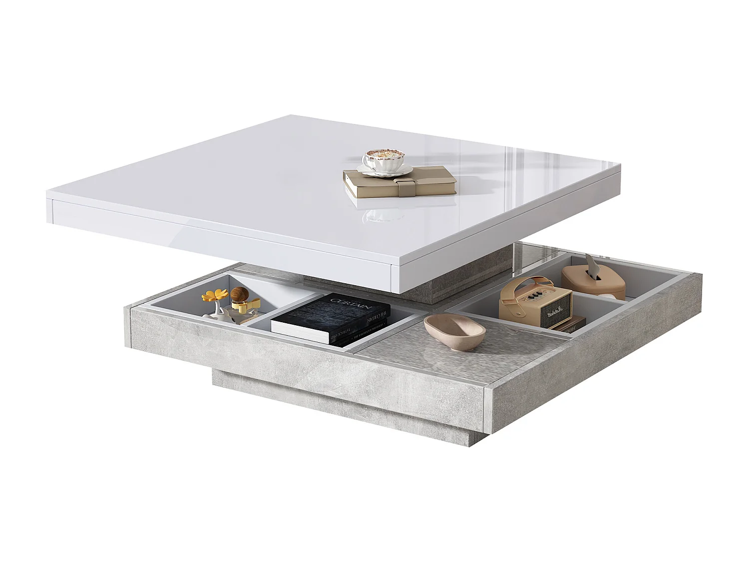 Table basse rotative 360° double plateau brillant panneau marbre blanc pour salon