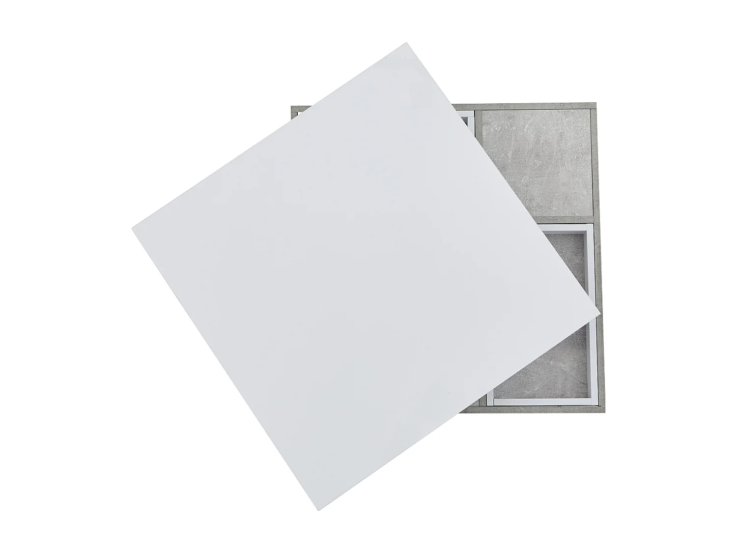 Table basse double 70x70x36 cm, plateau rotatif à 360°, espace de rangement, panneaux de particules, blanc et marbre