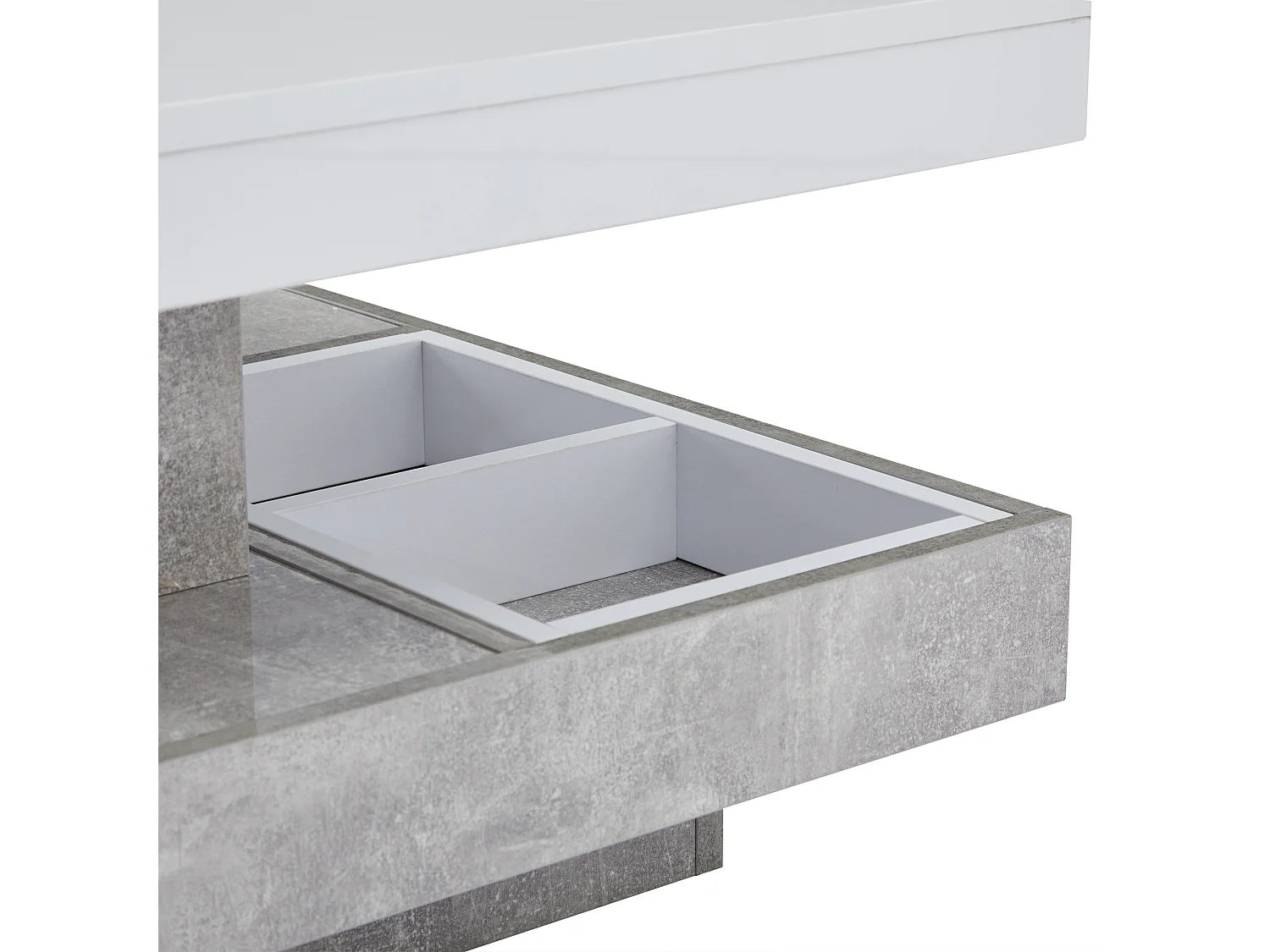 Table basse double 70x70x36 cm, plateau rotatif à 360°, espace de rangement, panneaux de particules, blanc et marbre