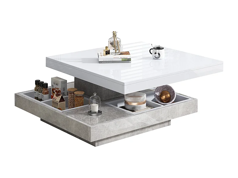 Table basse double 70x70x36 cm, plateau rotatif à 360°, espace de rangement, panneaux de particules, blanc et marbre