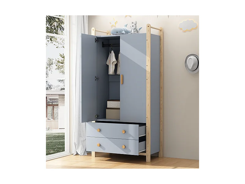 Armoire bleue avec 2 portes et 2 tiroirs,  panneaux de particules et pin