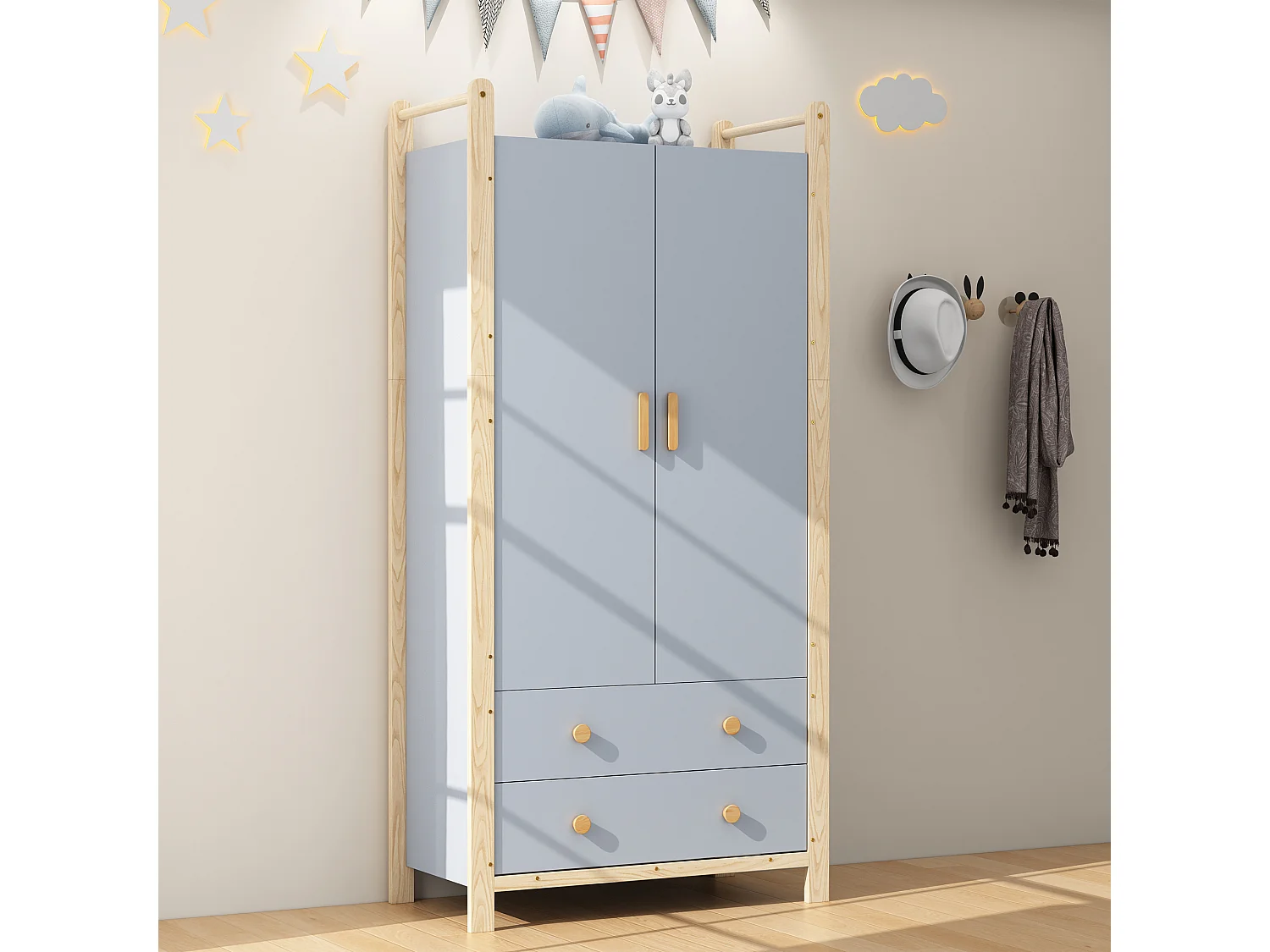 Armoire bleue avec 2 portes et 2 tiroirs,  panneaux de particules et pin