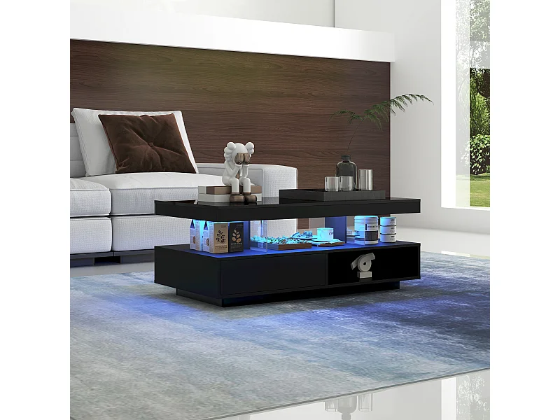 Table basse 95x50x42.5 cm brillant 4 plateaux verre 2 tiroirs 2 étagères noire pour salon