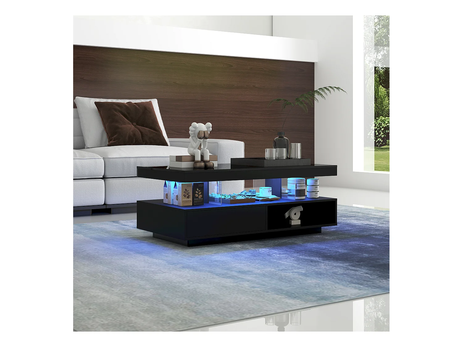 Table basse 95x50x42.5 cm brillant 4 plateaux verre 2 tiroirs 2 étagères noire pour salon