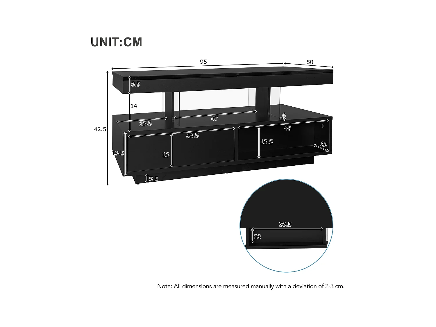 Table basse 95x50x42.5 cm brillant 4 plateaux verre 2 tiroirs 2 étagères noire pour salon