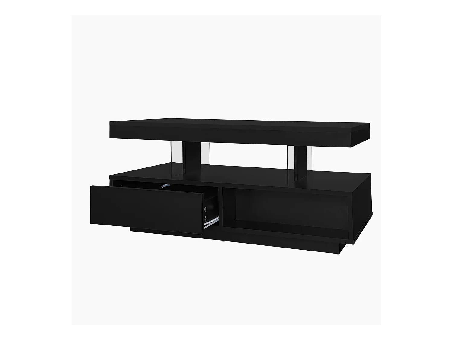 Table basse 95x50x42.5 cm brillant 4 plateaux verre 2 tiroirs 2 étagères noire pour salon