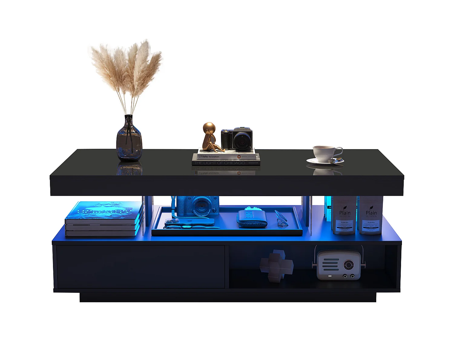 Table basse 95x50x42.5 cm brillant 4 plateaux verre 2 tiroirs 2 étagères noire pour salon