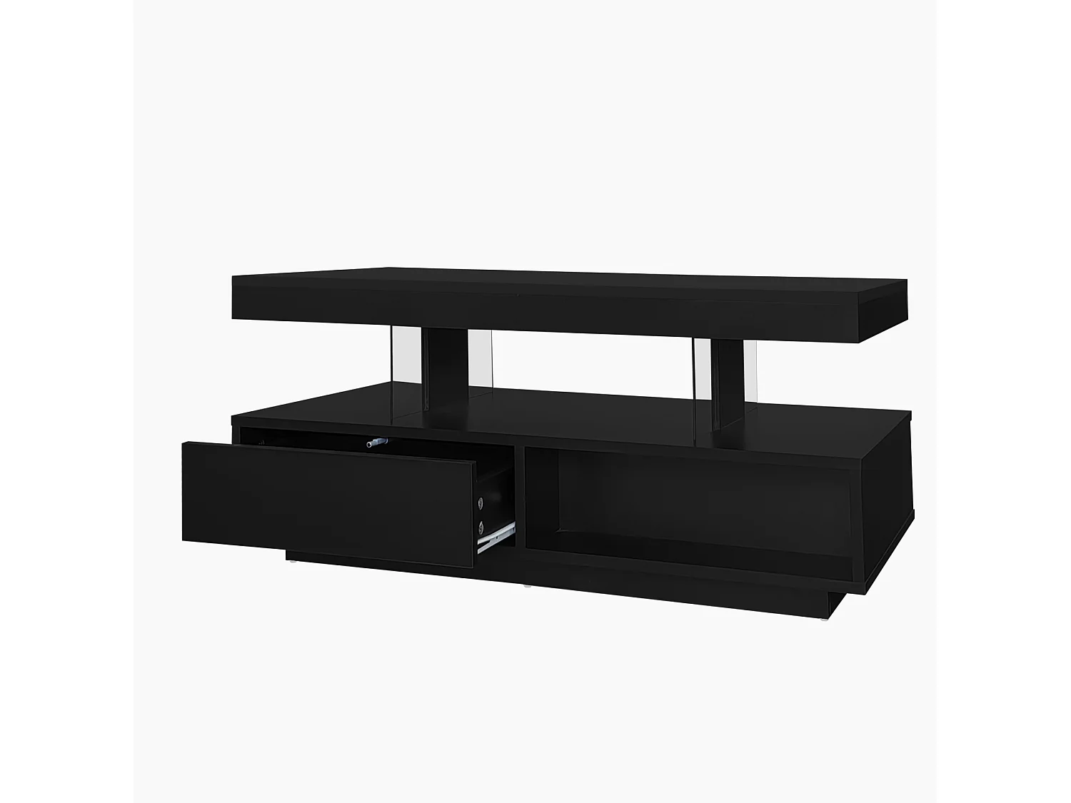 Table basse 95x50x42.5 cm brillant 4 plateaux verre 2 tiroirs 2 étagères noire pour salon