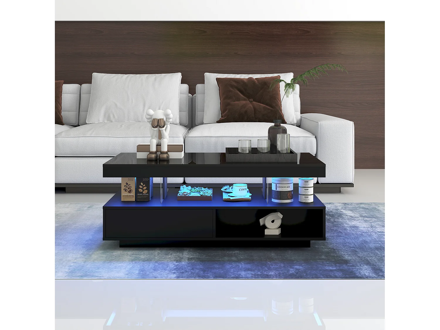 Table basse 95x50x42.5 cm brillant 4 plateaux verre 2 tiroirs 2 étagères noire pour salon
